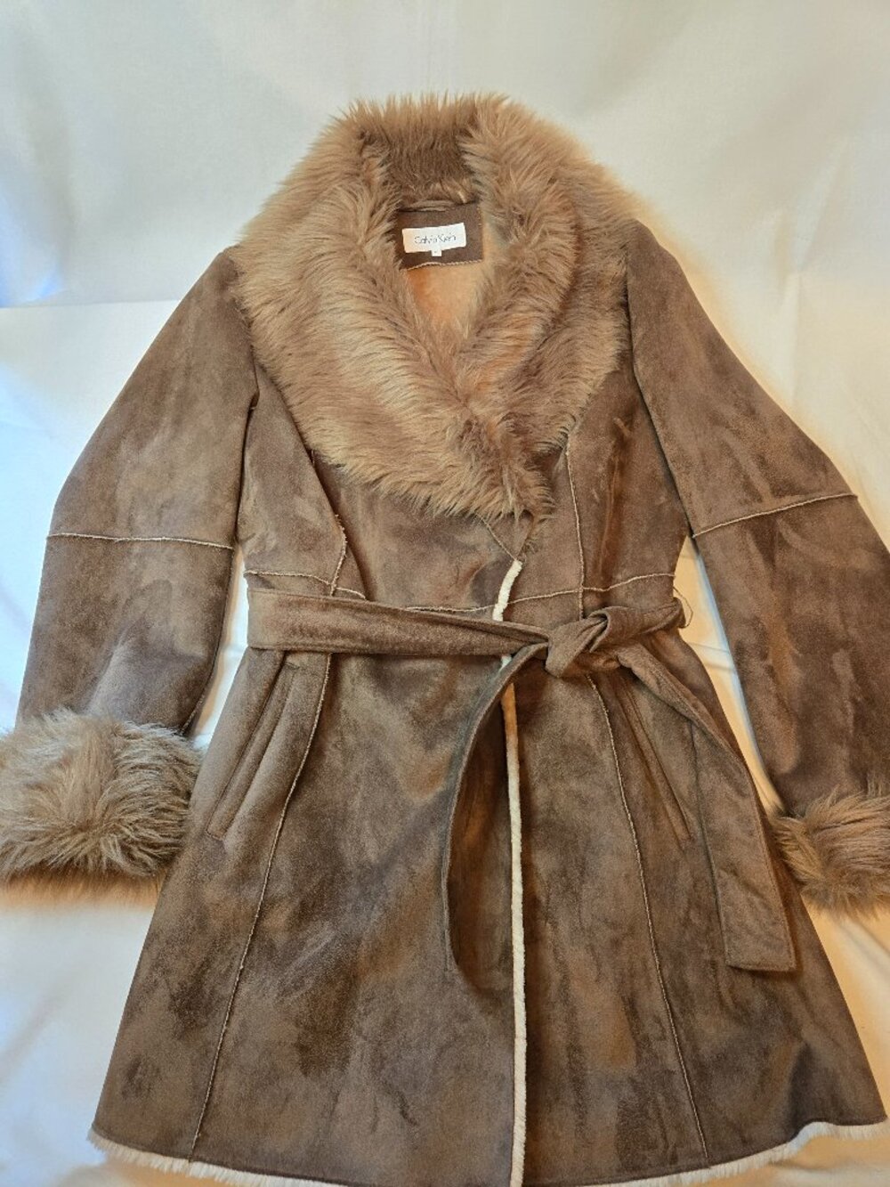 Calvin Klein Faux Suede Shearling Trim Tan Brown Coat Size XL